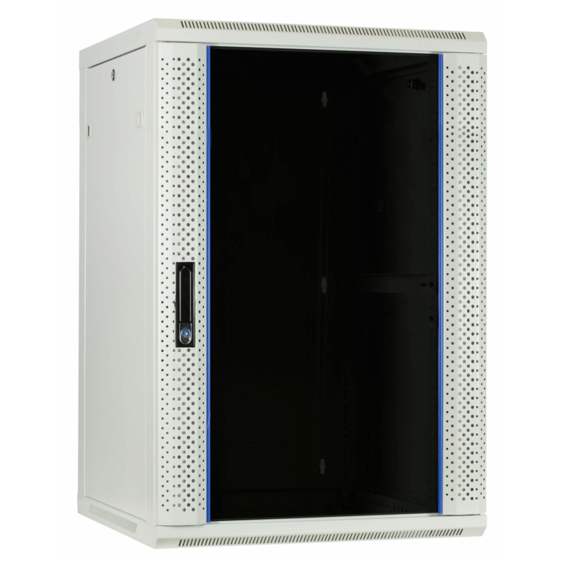 Armadio a muro bianco da 22U con anta in vetro, dimensioni 600x600x1100 mm (LxPxA).
