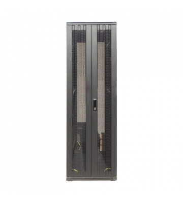 Armadio server 47U con doppie porte anteriori e posteriori perforate, dimensioni 600x800x2200 mm (LxPxA).