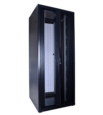 Armadio server 42U con doppie porte anteriori e posteriori perforate, dimensioni 800x800x2000 mm (LxPxA).