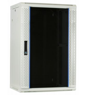 Armadio a muro bianco da 18U con anta in vetro, dimensioni 600x450x900 mm (LxPxA).
