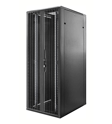 Armadio server 47U con doppie porte anteriori e posteriori perforate, dimensioni 800x1200x2200 mm (LxPxA).