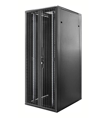 Armadio server 47U con doppie porte anteriori e posteriori perforate, dimensioni 800x1000x2200 mm (LxPxA).