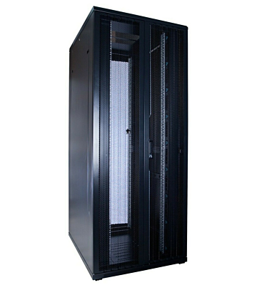 Armadio server 42U con doppie porte anteriori e posteriori perforate, dimensioni 800x1000x2000 mm (LxPxA).