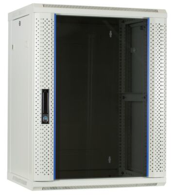Armadio a muro bianco da 15U con anta in vetro, dimensioni 600x450x770 mm (LxPxA).