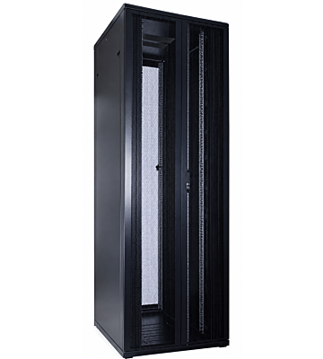 Armadio server 47U con doppie porte anteriori e posteriori perforate, dimensioni 600x800x2200 mm (LxPxA).