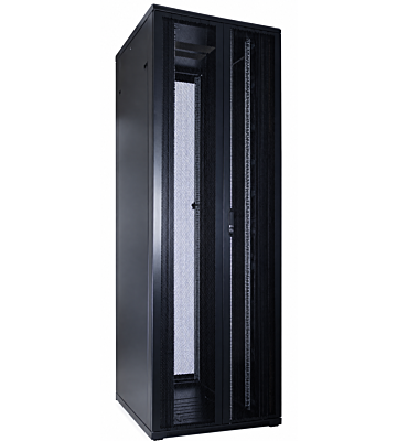Armadio server 47U con doppie porte anteriori e posteriori perforate, dimensioni 800x1000x2200 mm (LxPxA).