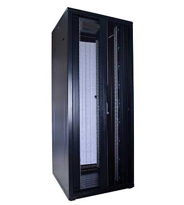 Armadio server 42U con doppie porte anteriori e posteriori perforate, dimensioni 800x800x2000 mm (LxPxA).