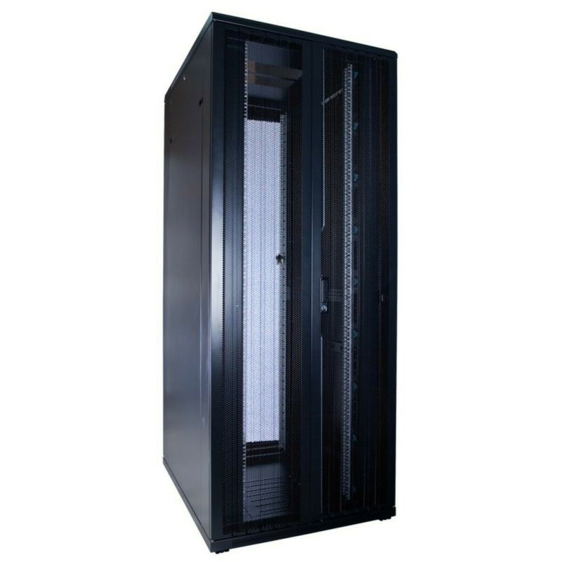 Armadio server 42U con doppie porte anteriori e posteriori perforate, dimensioni 800x1000x2000 mm (LxPxA).