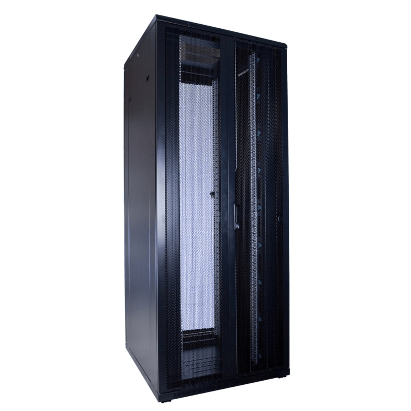 Armadio server 42U con doppie porte anteriori e posteriori perforate, dimensioni 800x800x2000 mm (LxPxA).