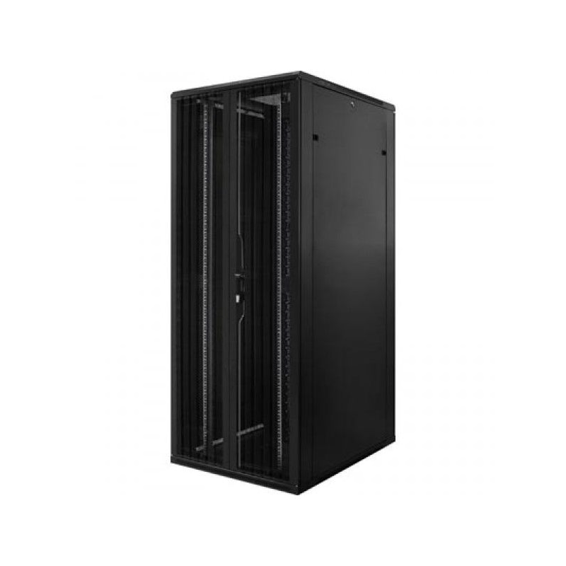 Armadio server 42U con doppie porte anteriori e posteriori perforate, dimensioni 800x1200x2000 mm (LxPxA).