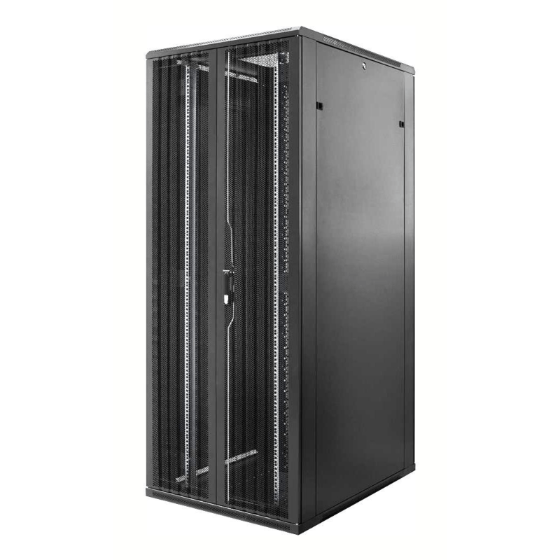 Armadio server 47U con doppie porte anteriori e posteriori perforate, dimensioni 800x1200x2200 mm (LxPxA).