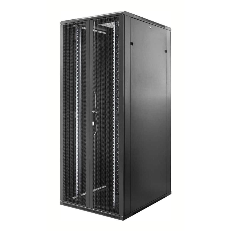 Armadio server 47U con doppie porte anteriori e posteriori perforate, dimensioni 800x1000x2200 mm (LxPxA).