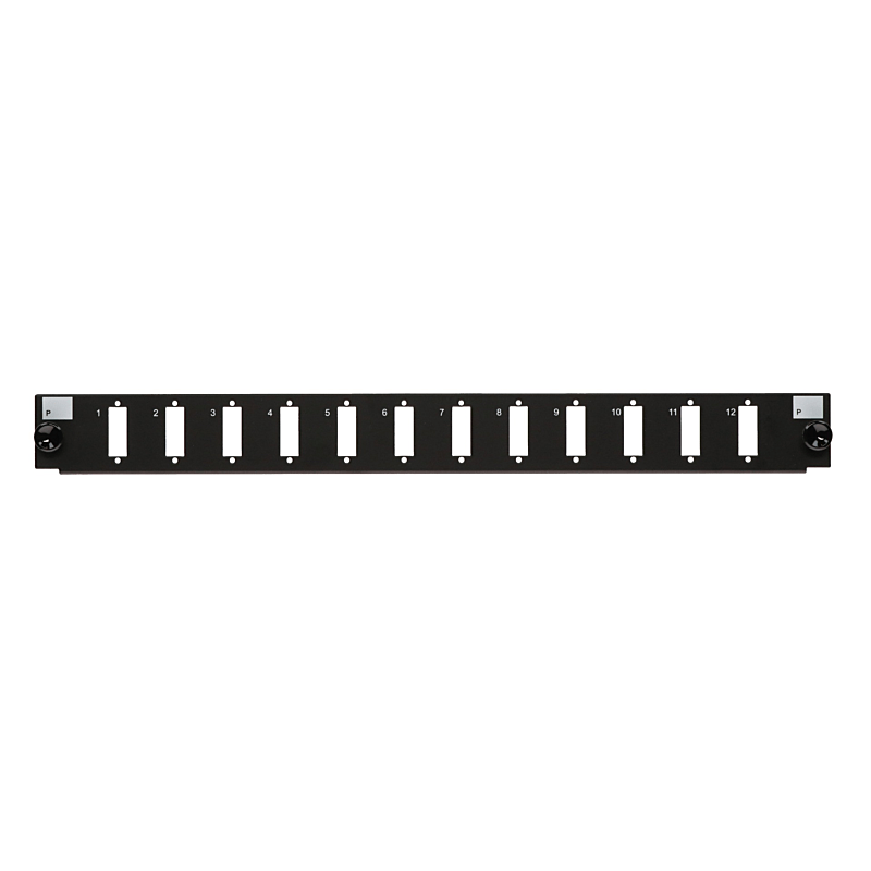 Connettore frontale LC/SC a 12 porte, nero, quad/duplex, adatto per vassoio universale in fibra.